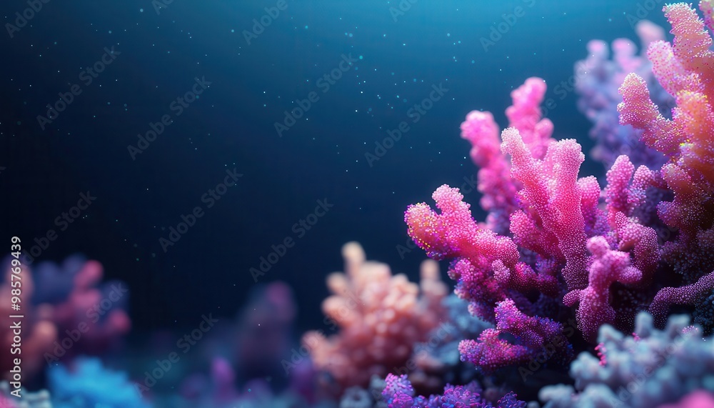 Fototapeta premium A surreal underwater scene with glowing, multicolored coral and neon fish, visualizing an imaginative ocean world