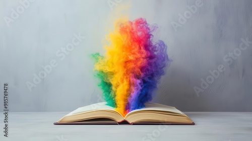 A swirling rainbow vortex emerging from an open book, symbolizing creativity and imagination unleashed