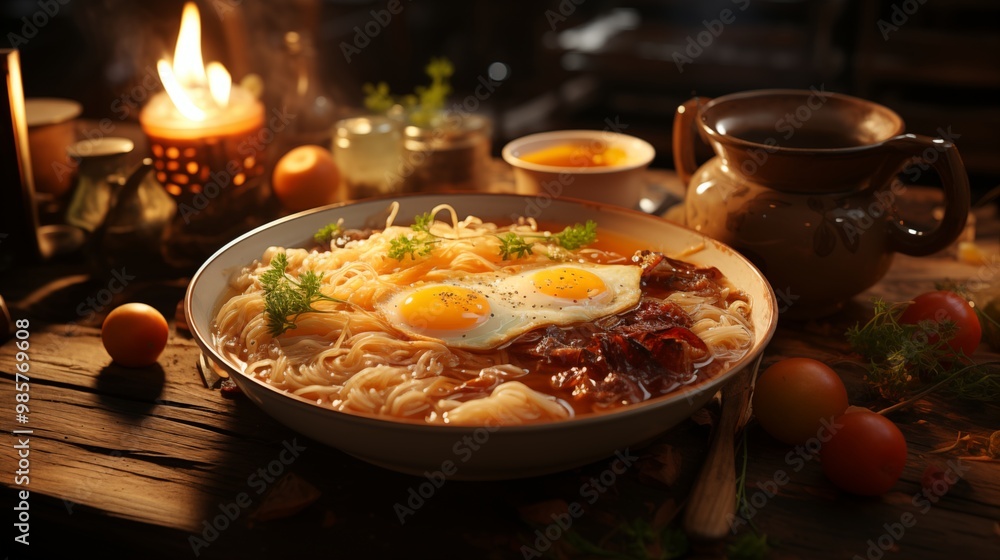Comforting Steamed Ramen in a Bowl on Natural Wooden Table Comforting Steamed Ramen in a Bowl on Natural Wooden Table