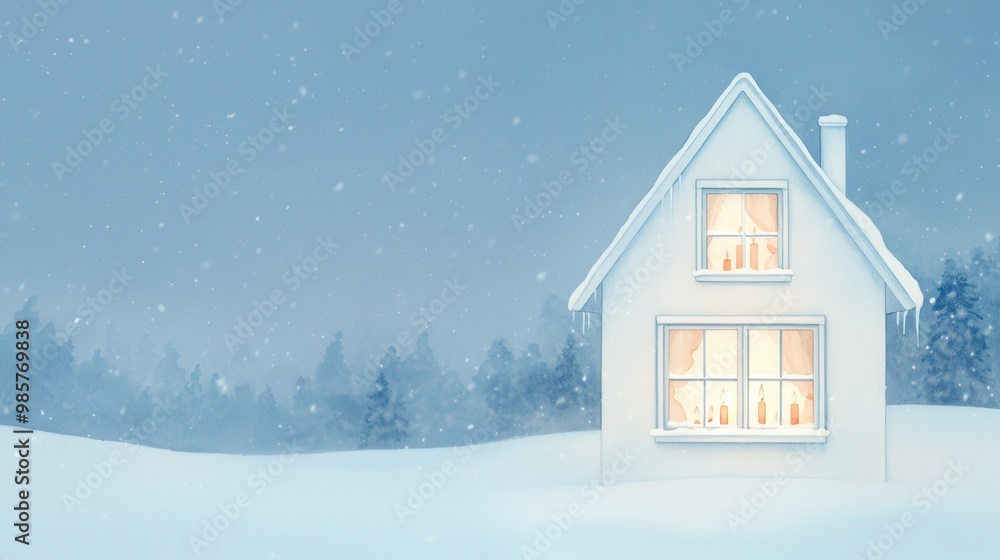 Fototapeta premium Frosty window with glowing candles inside, snowflakes drifting down outside, cozy night scene, watercolor