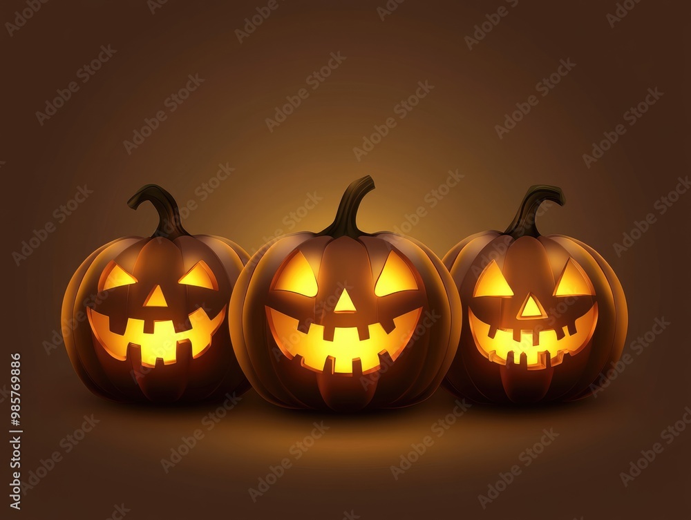 Halloween pumpkin lanterns with glowing faces on brown background Halloween pumpkin lanterns with glowing faces on brown background