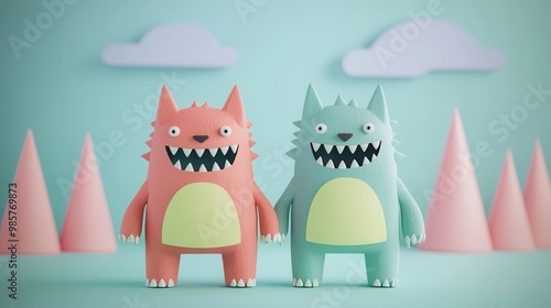 Friendly vampire and werewolf kids, pastel sky, space for text, 3D illustration, closes up photo