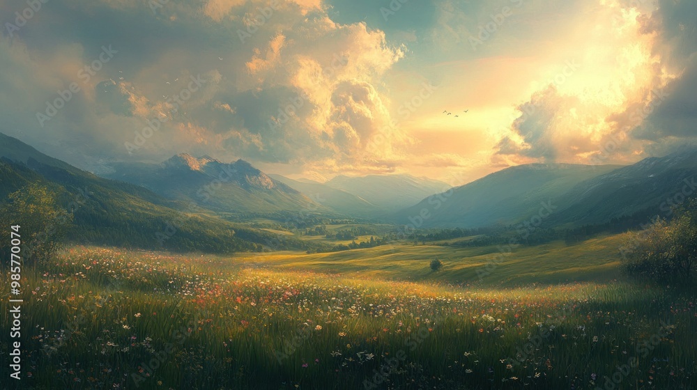 Obraz premium A Field of Wildflowers at Sunset with a View of Mountain Ranges