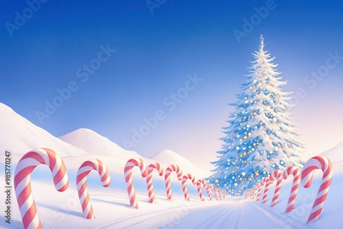 Giant candy canes lining a snowy path, leading to a glowing Christmas tree, fantasy night, watercolor