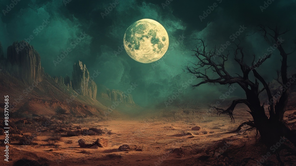 Fototapeta premium A desolate alien landscape illuminated by a full moon