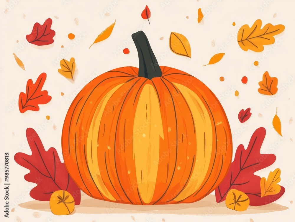 Naklejka premium Autumn pumpkin design with colorful leaves and simple background