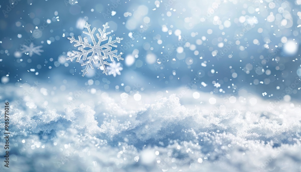 Fototapeta premium A Single Snowflake Descending on Fresh Snow