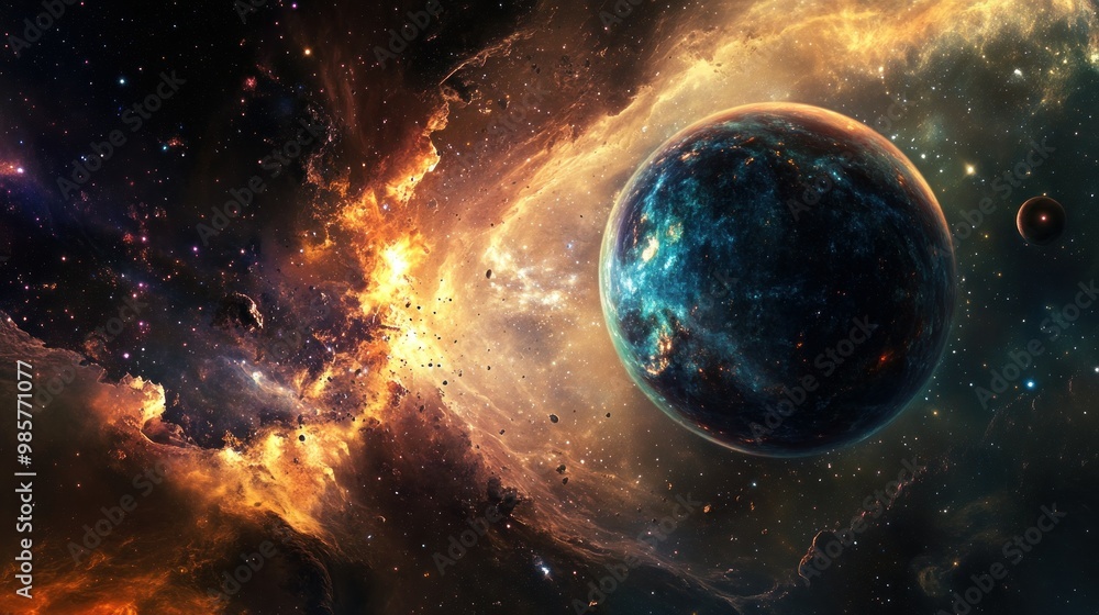 Obraz premium A Planet In A Starry Nebula With Orange And Yellow Clouds