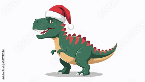 A cheerful cartoon dinosaur wearing a festive Santa hat, perfect for holiday-themed designs and children's artwork.