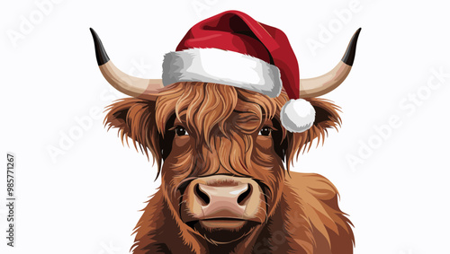 A cheerful cow wearing a Santa hat, perfect for festive and holiday-themed designs. Ideal for Christmas decorations and greeting cards.