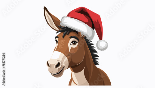 A cheerful donkey wearing a festive Christmas hat, perfect for holiday-themed designs and cheerful seasonal illustrations.