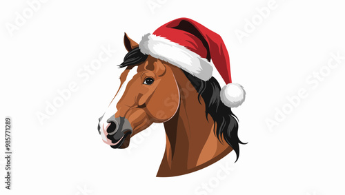 A cheerful horse wearing a festive Santa hat, symbolizing holiday spirit and joy. Perfect for Christmas-themed designs.