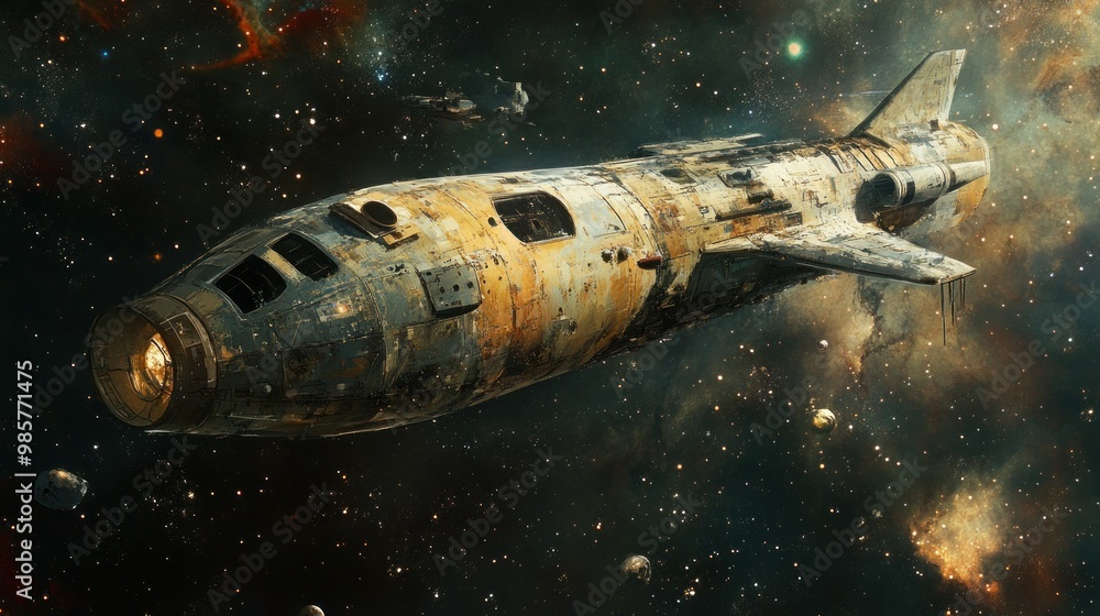 Fototapeta premium A weathered spaceship traverses a starry void, leaving a trail of light in its wake.