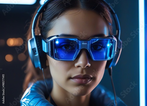 A close-up portrait of a futuristic woman wearing advanced augmented reality glasses photo