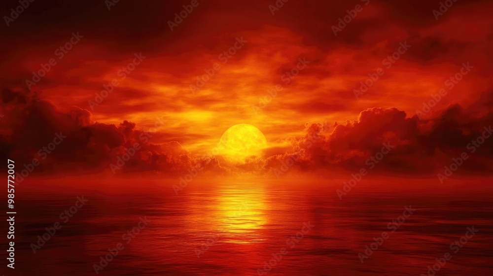 Fototapeta premium Dramatic dark red background with fiery sky and golden sunset for design use
