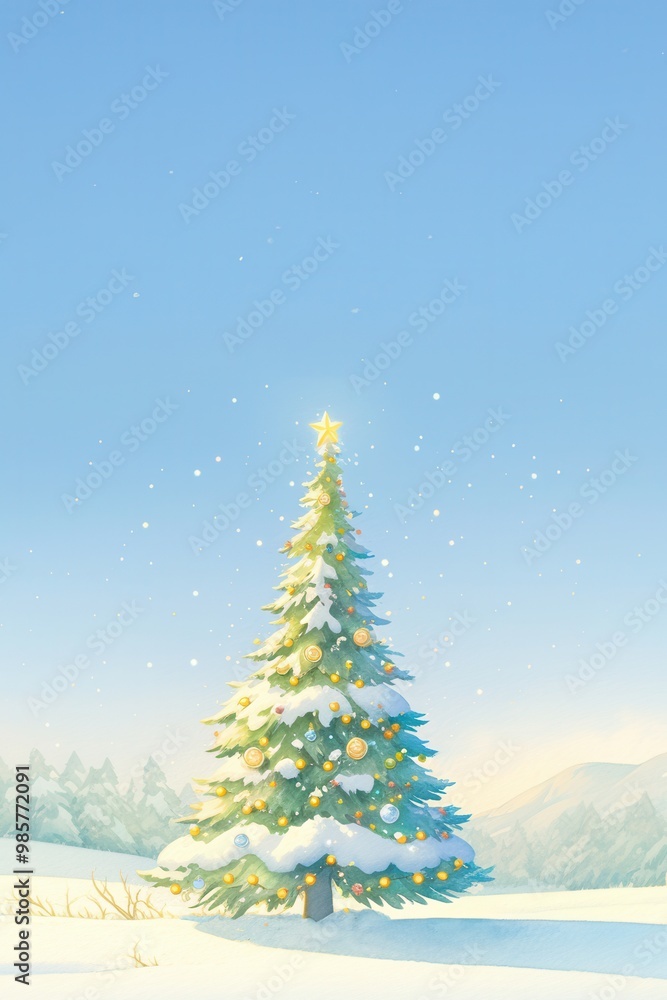 Naklejka premium Snowy Christmas forest clearing, giant decorated tree glowing, twinkling lights, watercolor style
