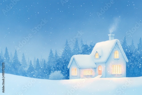 Snowy Christmas night, illuminated by moonlight, magical cottages with glowing windows, watercolor illustration