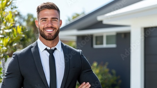 Wallpaper Mural Welcoming Real Estate Agent at Stylish Home Tour with Watercolor Accents - Copy Space for Text Torontodigital.ca