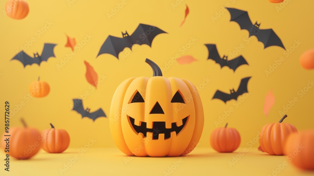 Smiling pumpkins and playful bats, soft tones, empty area for message, 3D illustration Smiling pumpkins and playful bats, soft tones, empty area for message, 3D illustration