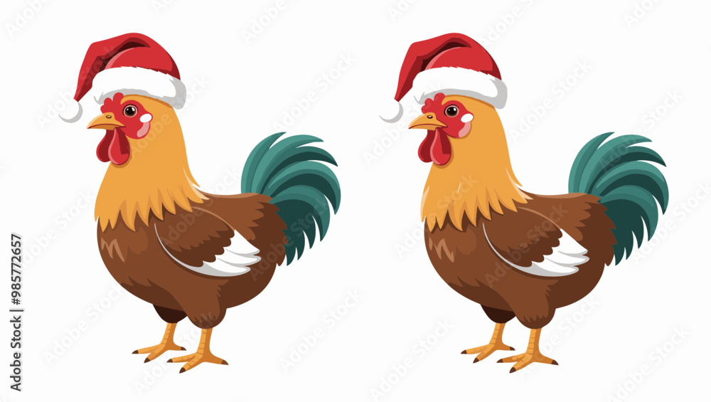 Fototapeta premium Two festive roosters wearing Santa hats, perfect for holiday themes and cheerful farm imagery.