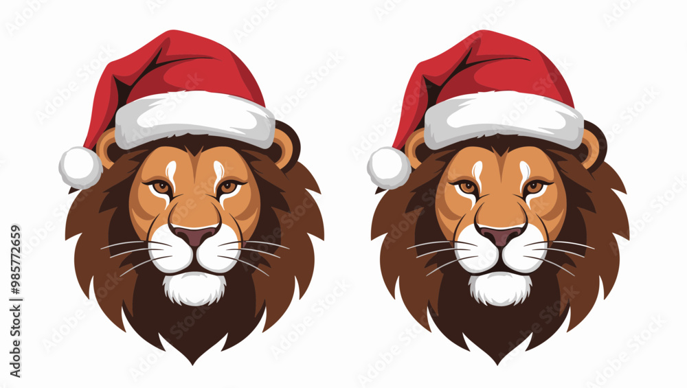Two festive lions wearing Santa hats, perfect for holiday-themed designs and illustrations celebrating the season. Two festive lions wearing Santa hats, perfect for holiday-themed designs and illustrations celebrating the season.