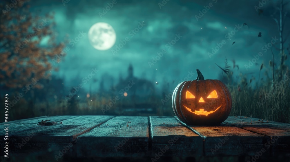Naklejka premium Halloween Scene with Pumpkin on Wooden Table under Moonlight