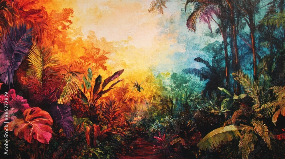 Lush Tropical Jungle Scene with Path Leading Through Dense Foliage Lush Tropical Jungle Scene with Path Leading Through Dense Foliage
