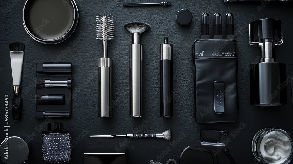 Fototapeta premium Luxury Mustache Grooming Kit Ad - Professional Tools on Dark Reflective Surface for Premium Design
