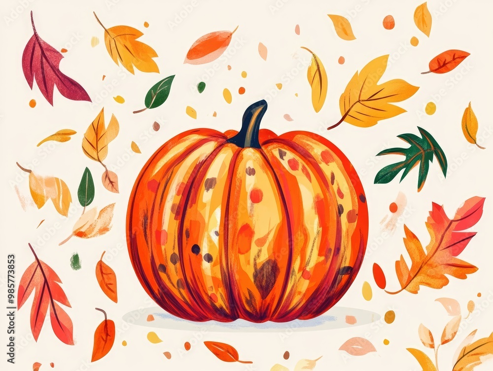 Naklejka premium Autumn pumpkin design with colorful leaves and simple background