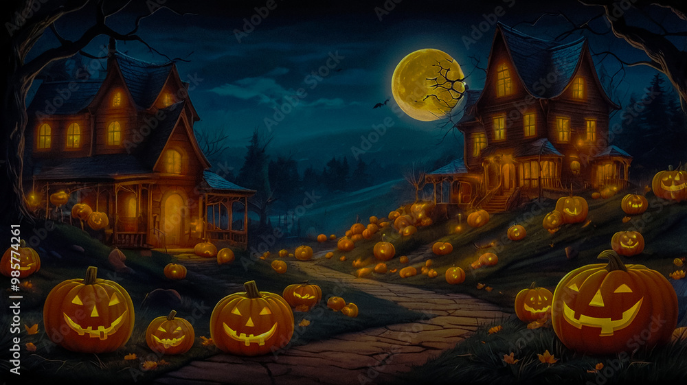 Fototapeta premium Halloween night, glowing pumpkins, haunted castles, full moons, beetles and bats.