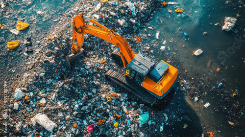 Aerial view of excavator cleaning plastic waste from the ocean, environmental concept