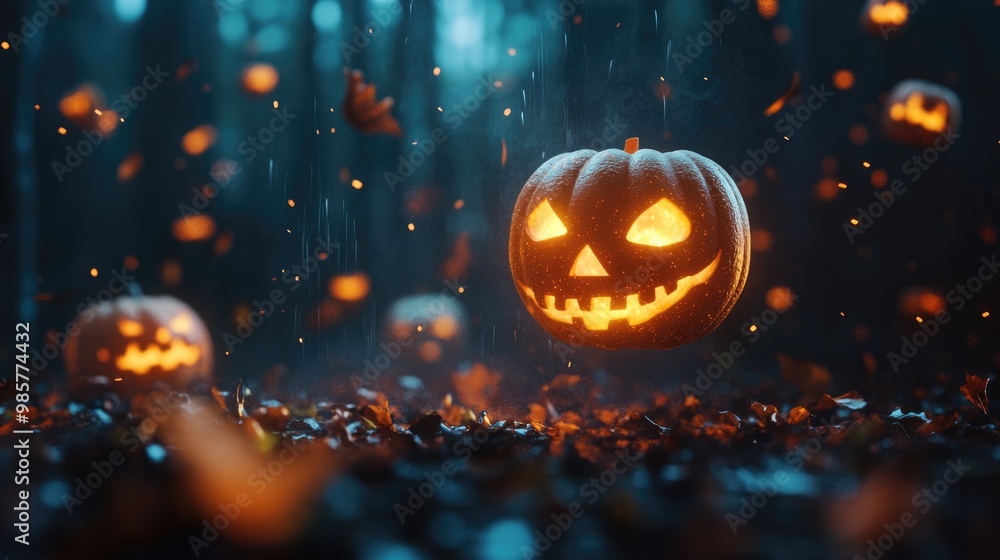 Fototapeta premium levitating glowing pumpkins on dark background