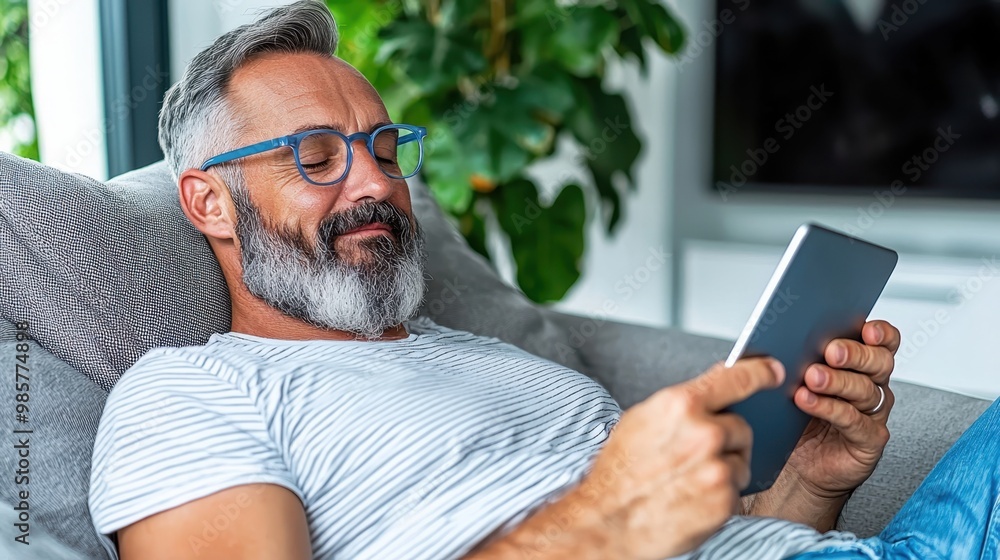 Multitasking Lifestyle - Person Relaxing on Couch with Tablet, Bifocal Glasses, and TV, Copy Space Available for Text