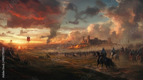 A medieval army charging towards a burning castle at sunset.