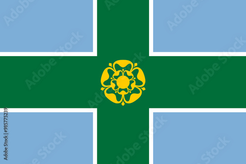 Flag of Derbyshire Ceremonial county (England, United Kingdom of Great Britain and Northern Ireland, uk) Green cross on blue background with gold Tudor Rose in the centre