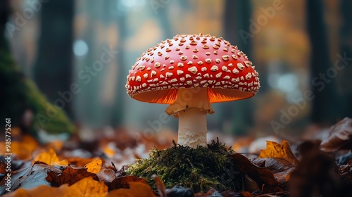 A single red mushroom with white spots grows from the forest floor covered in autumn leaves.