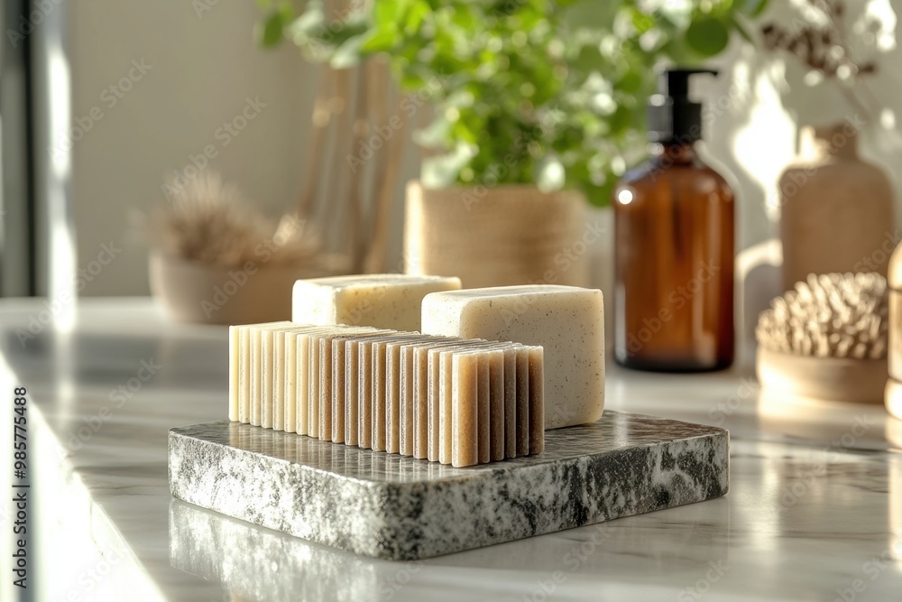 sustainable hair care concept with a stylish shampoo bar collection on a marble countertop an elegant presentation sustainable hair care concept with a stylish shampoo bar collection on a marble countertop an elegant presentation