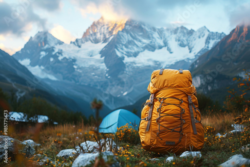 Hiking backpack with tent in extreme sports in the mountains, snow-capped peaks.