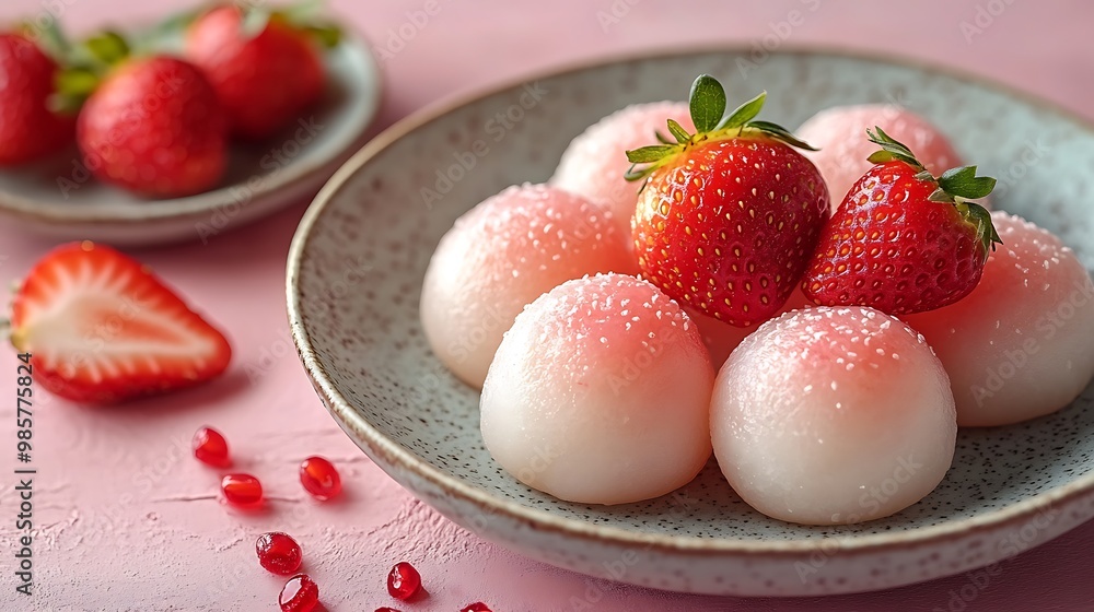 A plate of mochi with strawberries and pomegranate seeds on a pink background. A plate of mochi with strawberries and pomegranate seeds on a pink background.