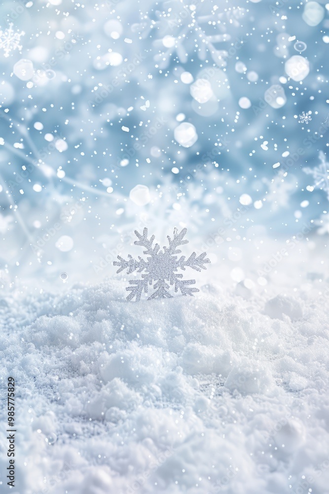 Silver Snowflake in Snow with Blurred Lights and Falling Snow Silver Snowflake in Snow with Blurred Lights and Falling Snow