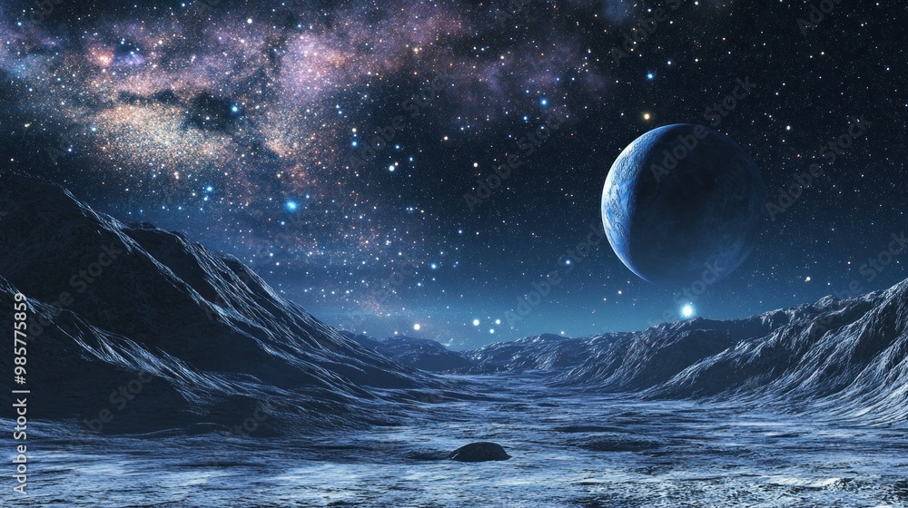 A Blue Planet Hanging in the Night Sky Over an Alien Landscape A Blue Planet Hanging in the Night Sky Over an Alien Landscape