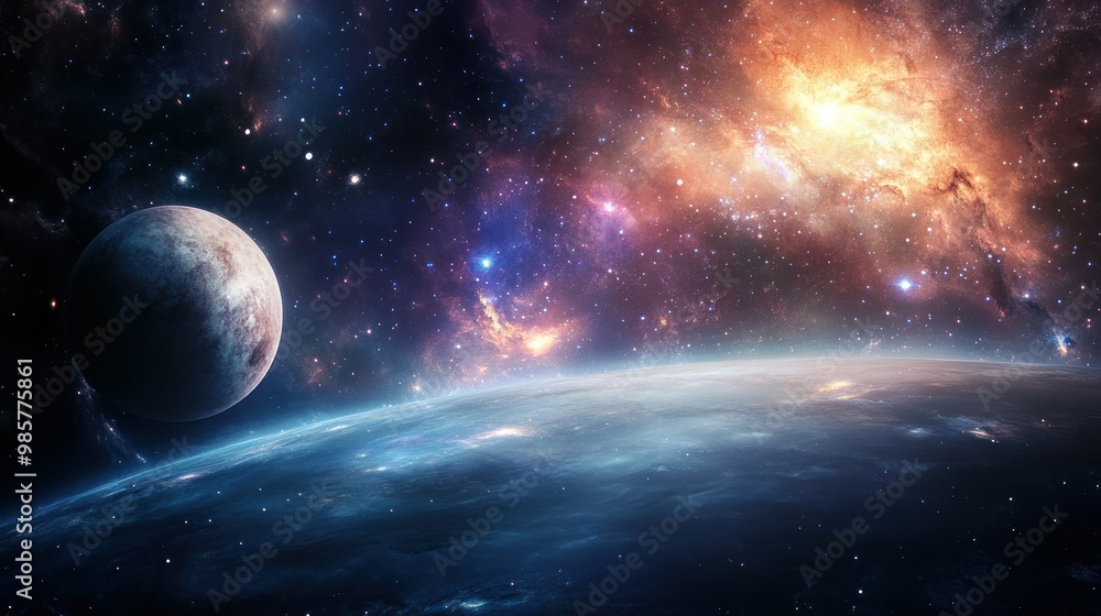 Obraz premium A Distant Planet Orbiting a Star System with a Nebula