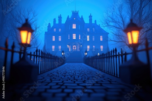 Haunted mansion with flickering lights, spooky Halloween atmosphere, 3D illustration photo