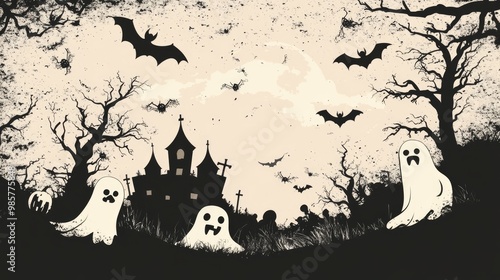 Halloween themed background featuring decorative ghosts pumpkins spiders and bats