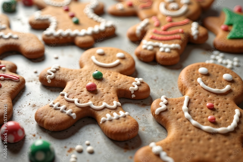 Gingerbread cookies, festive mood, decorated with icing, on a baking sheet
Gingerbread cookies, festive mood, decorated with icing, on a baking sheet