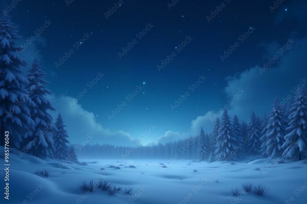 Winter landscape, serene mood, covered in snow, with starry night sky Winter landscape, serene mood, covered in snow, with starry night sky