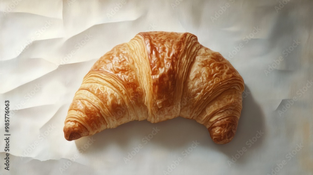 A Single Golden Brown Croissant on White Crumpled Paper A Single Golden Brown Croissant on White Crumpled Paper