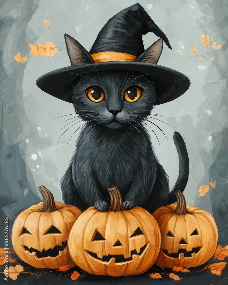 Cat with pumpkin and witch hat for Halloween themed card Cat with pumpkin and witch hat for Halloween themed card