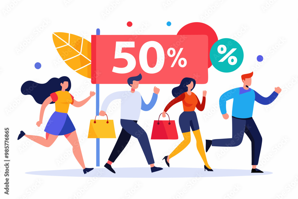 Fototapeta premium Cuatro personas corriendo bajo un cartel de 50% de descuento, destacando una oferta especial.