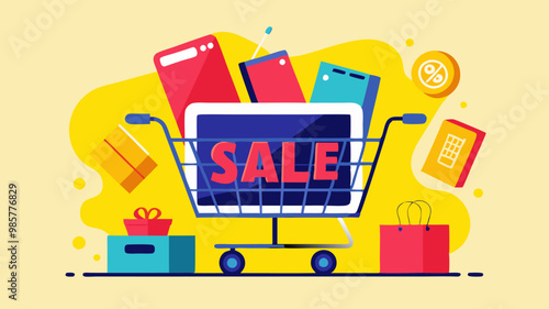 Ilustración de una cesta de compras llena de productos electrónicos y artículos en oferta, resaltando la venta.